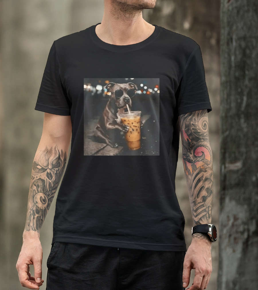 Rottweiler Dog With Sunglasses Sipping Iced Coffee T-Shirt