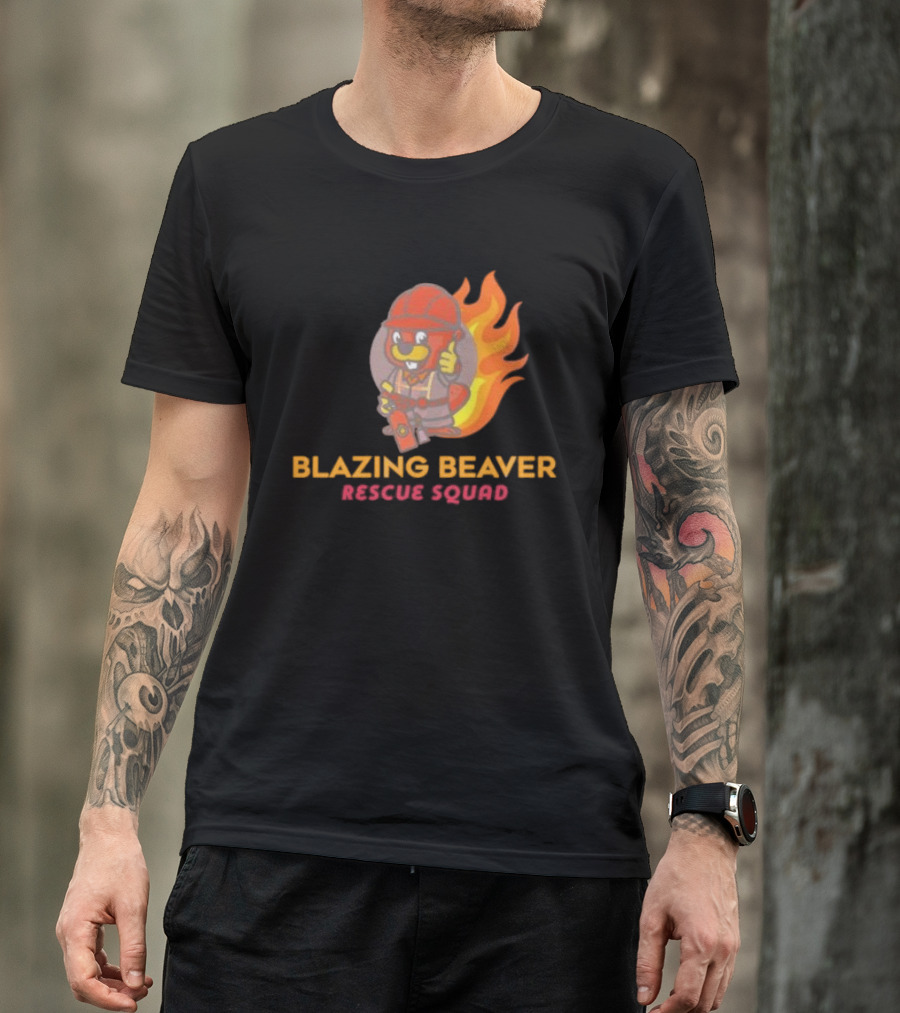 Blazing Beaver Rescue Squad Firefighter Cartoon With Flames T-Shirt