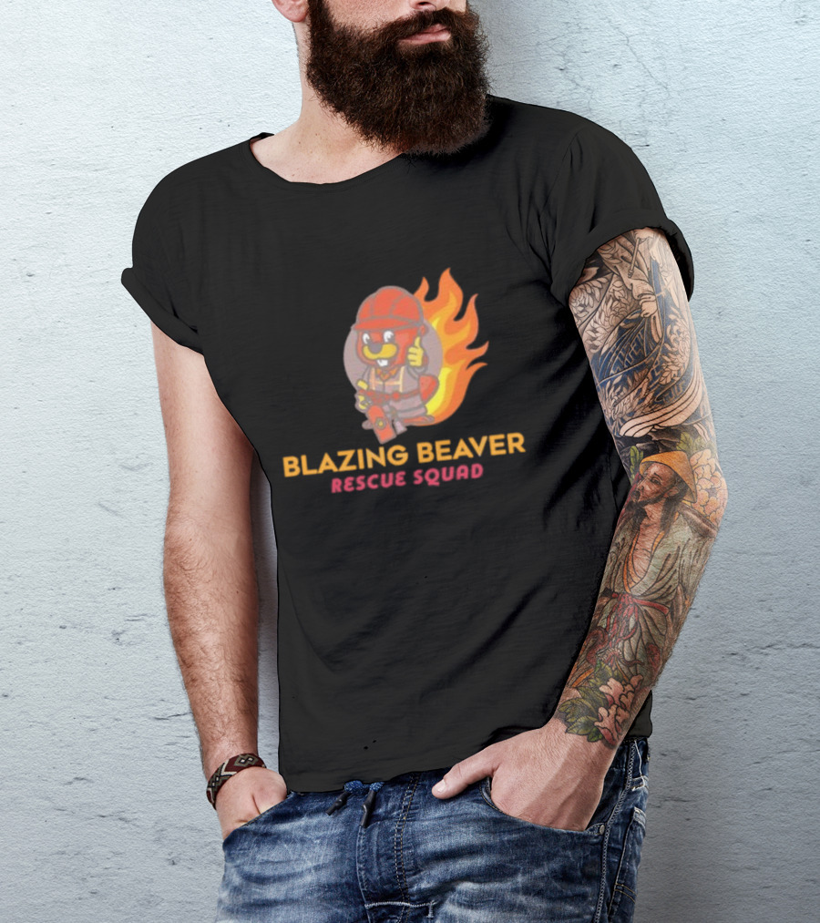 Blazing Beaver Rescue Squad Firefighter Cartoon With Flames T-Shirt