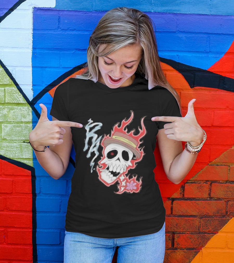 Rare Americans Skull With Flames And Hat Flower T-Shirt