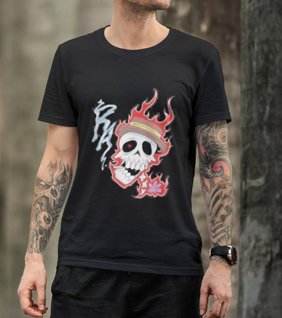 Rare Americans Skull With Flames And Hat Flower T-Shirt