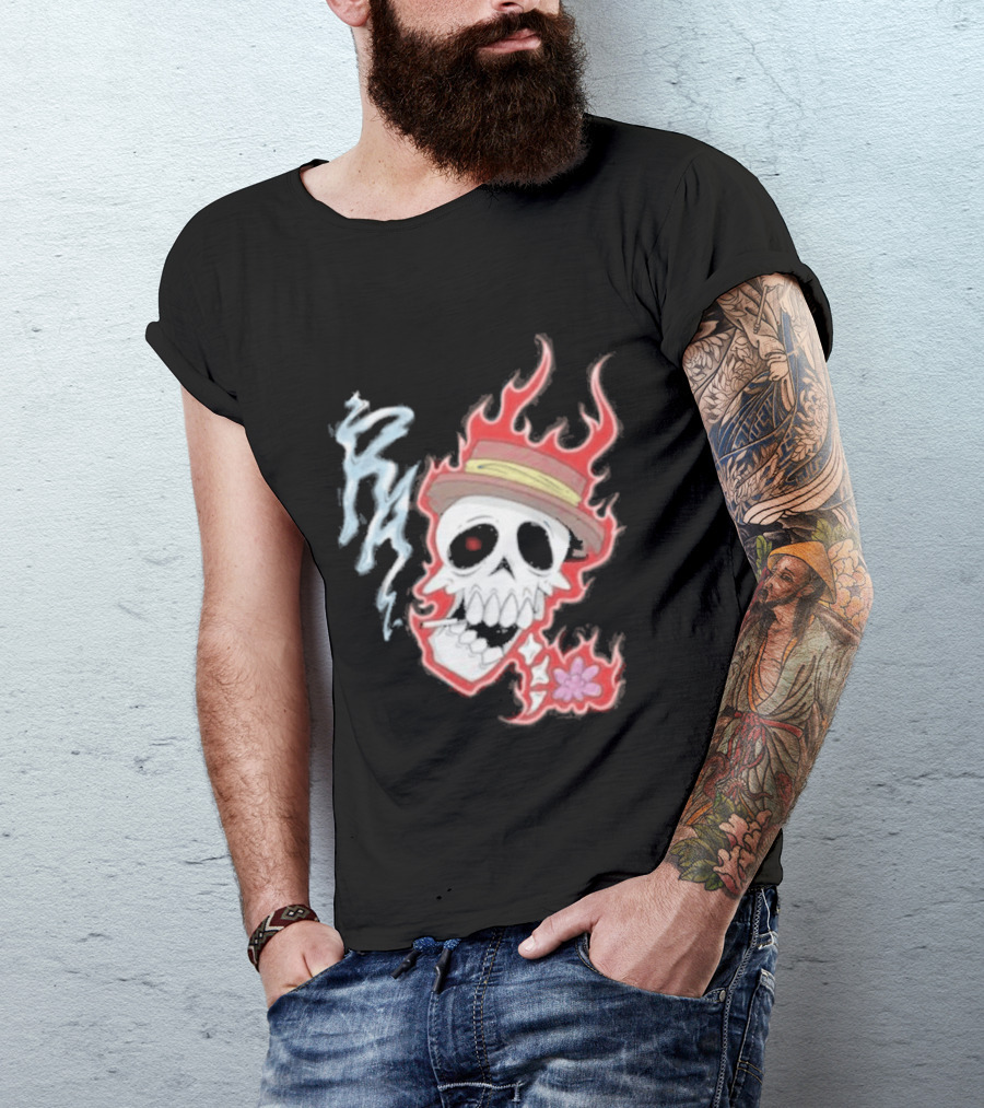 Rare Americans Skull With Flames And Hat Flower T-Shirt