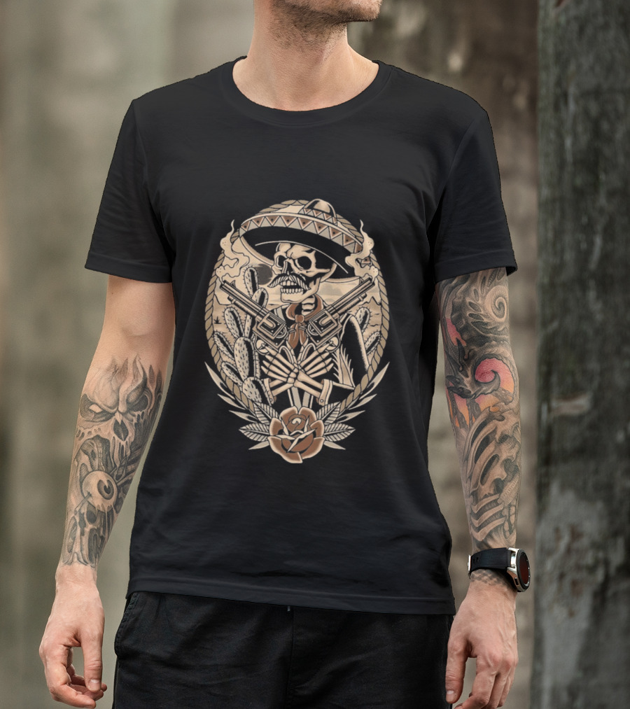 Deathsperado Skeleton Cowboy With Guns Roses And Dollar Signs Black T-Shirt