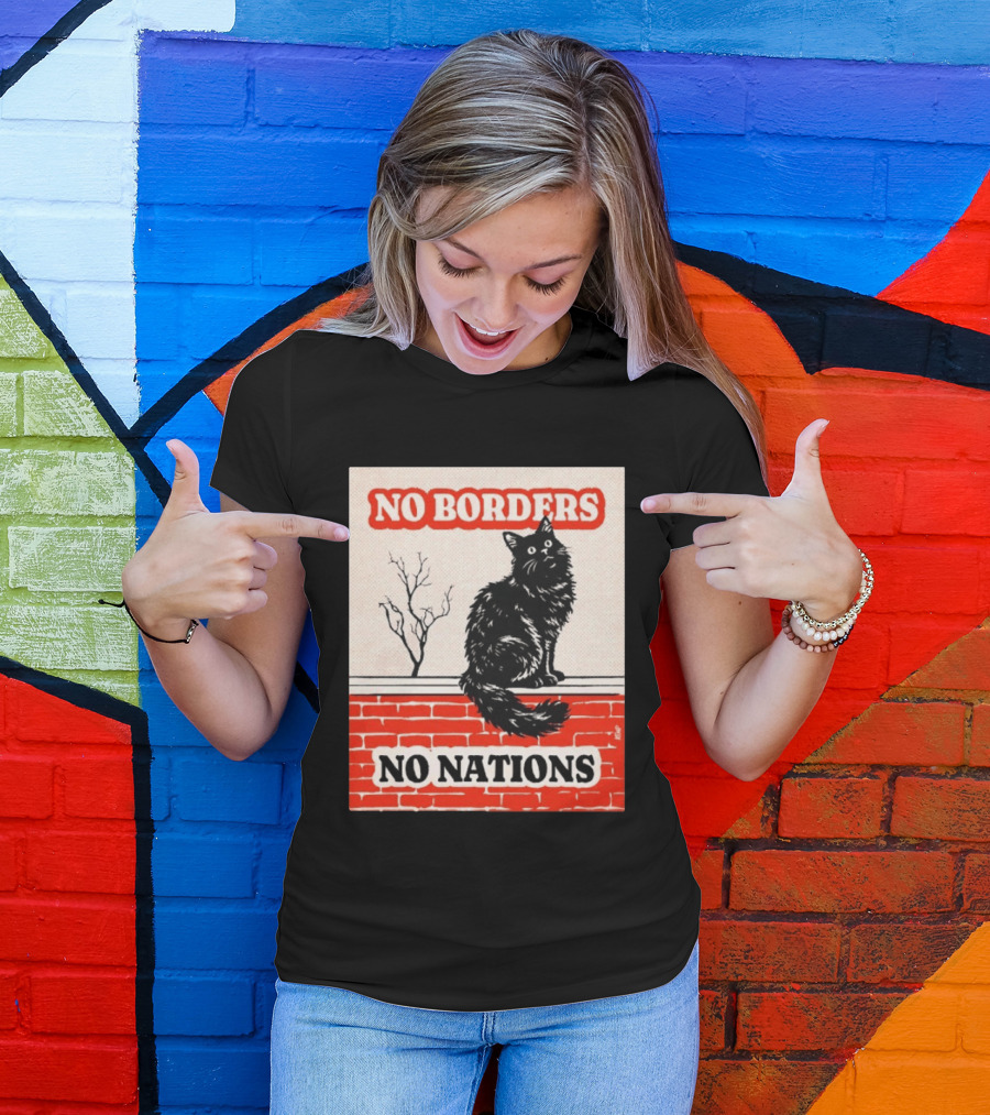 No Borders No Nations Cat Black Feline On Brick Wall T-Shirt
