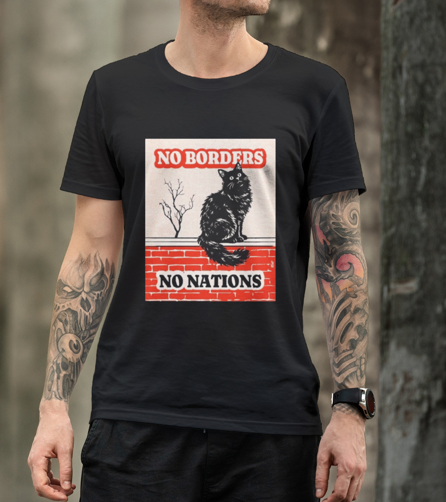 No Borders No Nations Cat Black Feline On Brick Wall T-Shirt