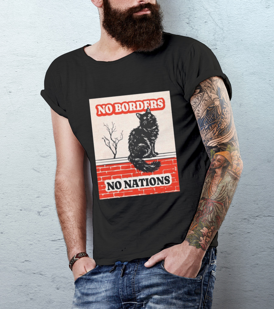 No Borders No Nations Cat Black Feline On Brick Wall T-Shirt