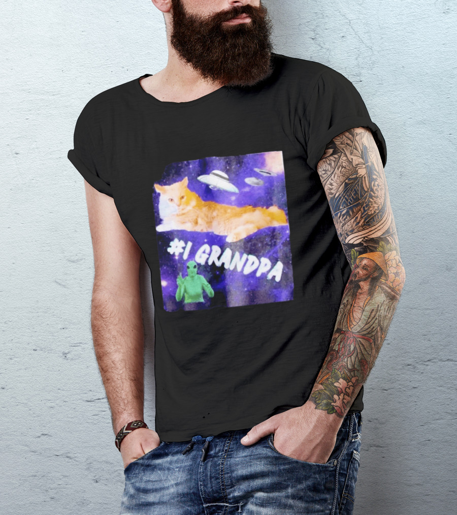 #1 Grandpa Cat Collage Alien And UFO Space T-Shirt