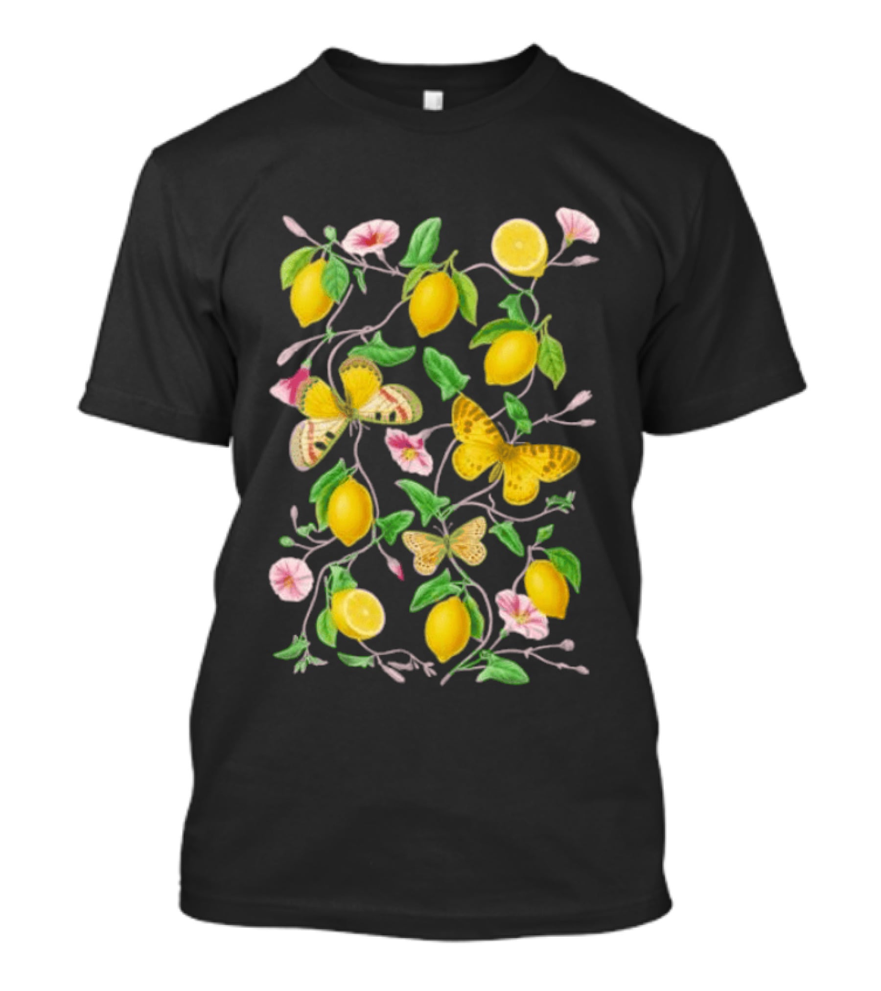 Botanical Lemon Butterfly Pink Flowers And Green Leaves T-Shirt