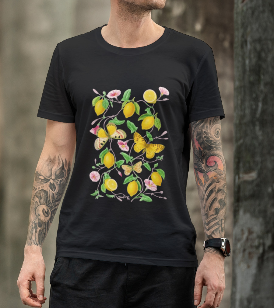 Botanical Lemon Butterfly Pink Flowers And Green Leaves T-Shirt