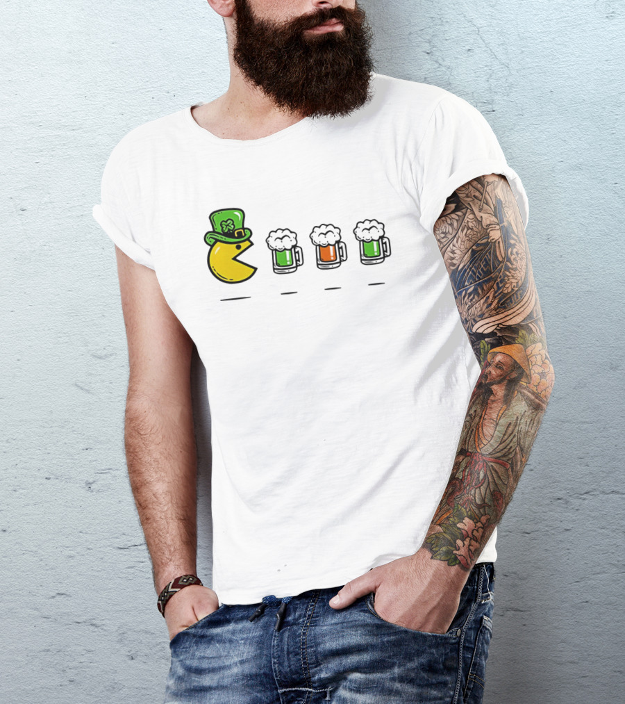 Pac Man St Patrick's Day Leprechaun Hat With Green Beer S T-Shirt