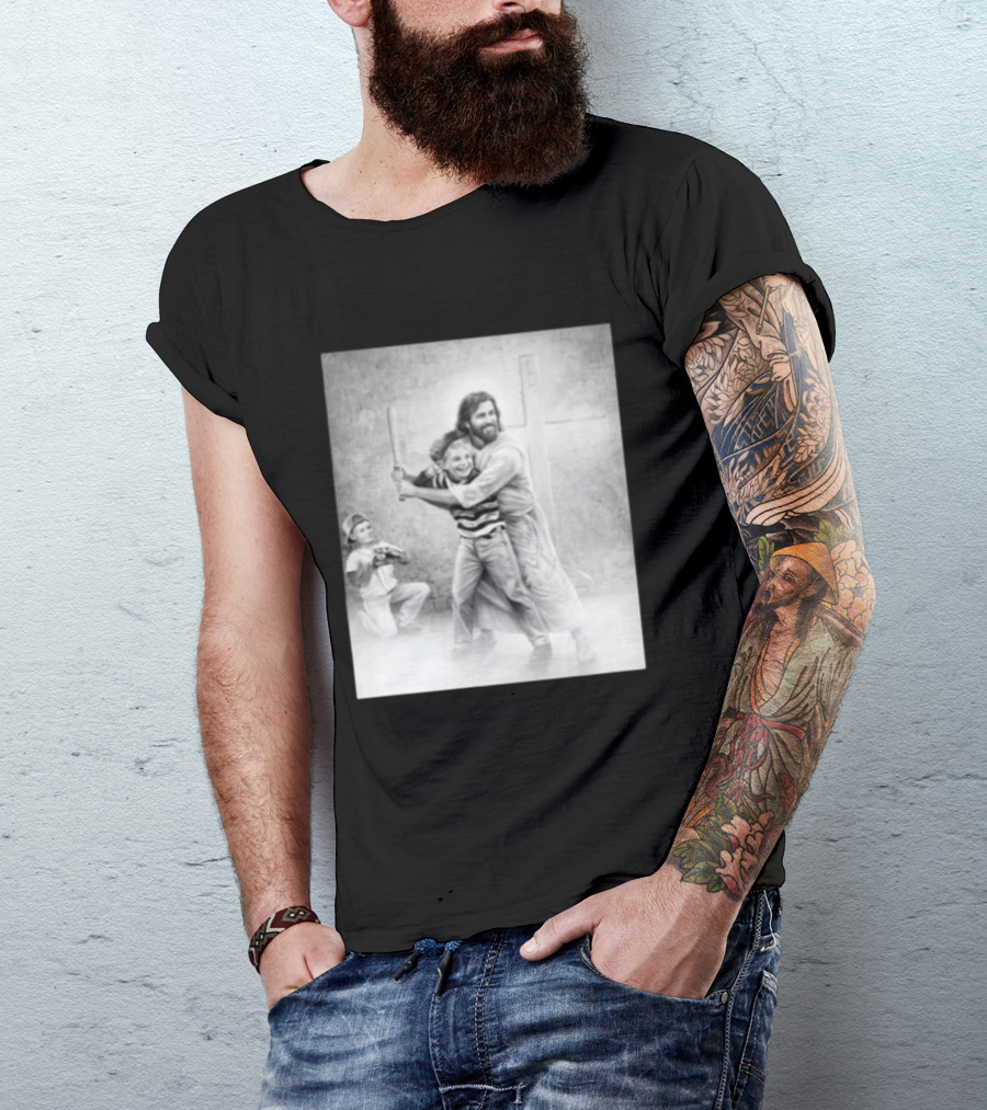Jesus As A Coach With Children Playing Baseball In Front Of A Cross T-Shirt