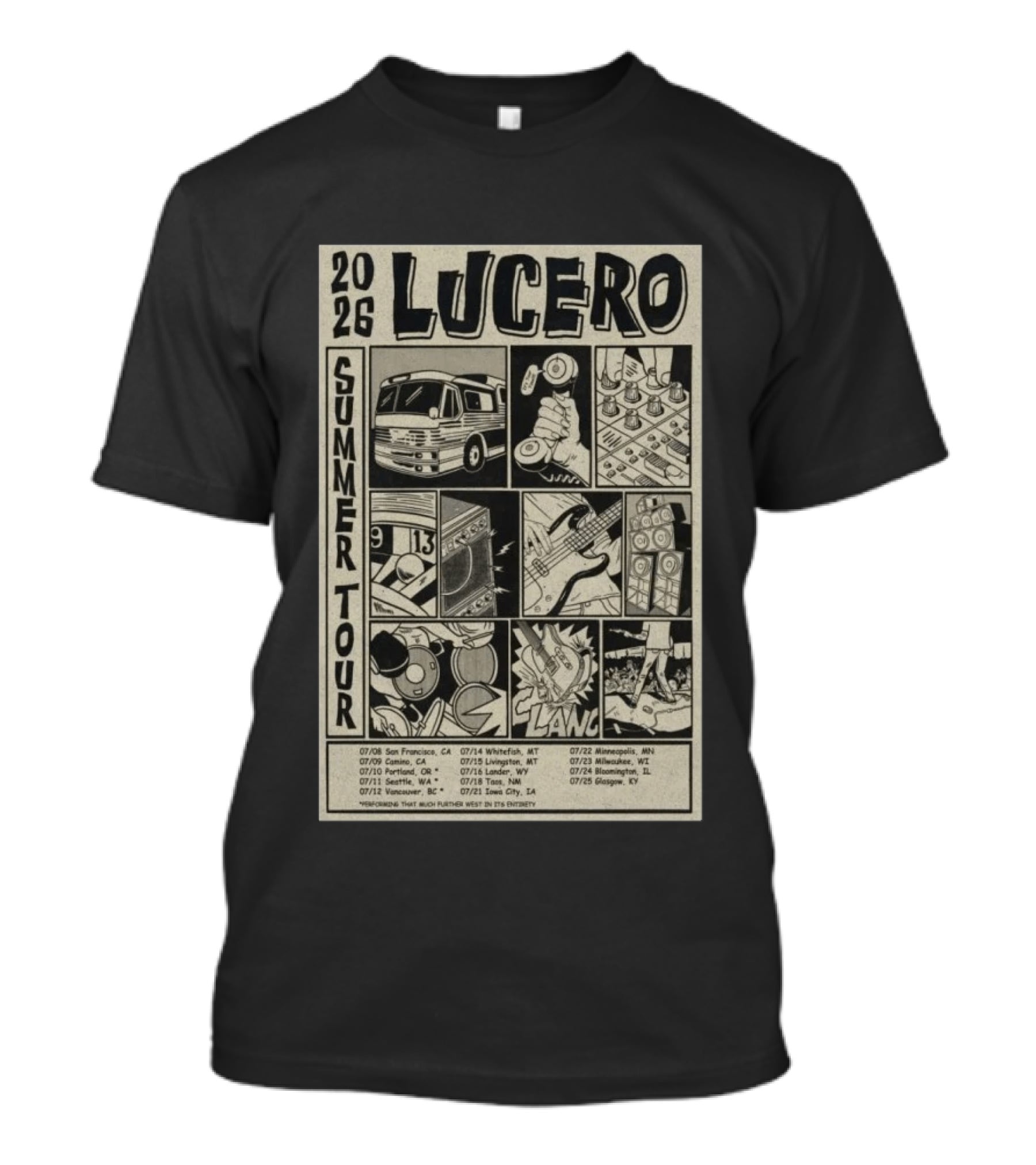 2026 Lucero Summer Tour Dates Featuring Vintage Comic Style With Iconic Band Imagery And Tour Stops T-Shirt