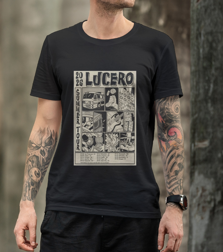 2026 Lucero Summer Tour Dates Featuring Vintage Comic Style With Iconic Band Imagery And Tour Stops T-Shirt