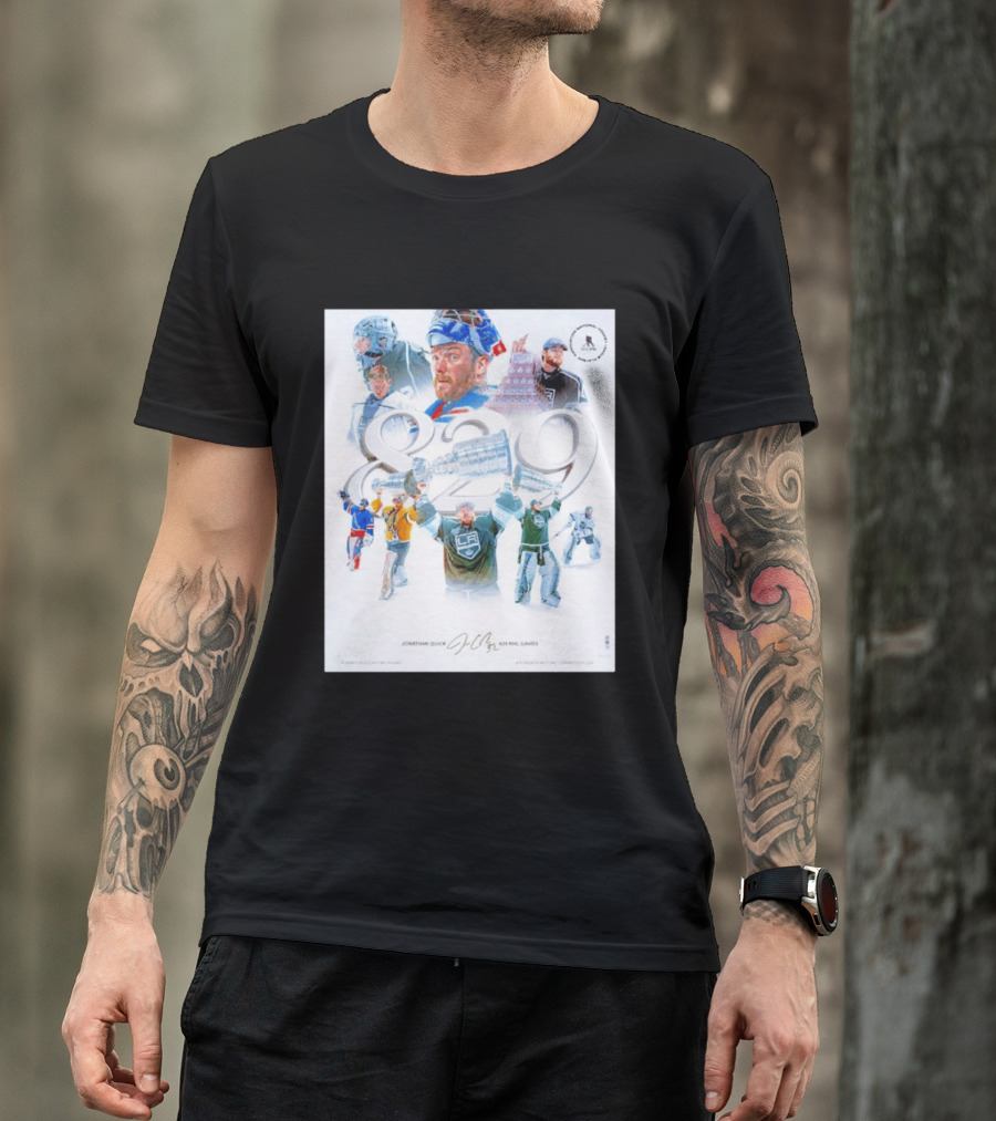 Jonathan Quick 829 NHL Games Collage With Stanley Cup Images T-Shirt