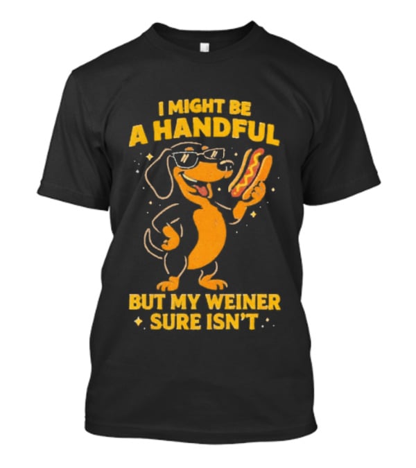 I Might Be A Handful But My Weiner Sure Isn't Hotdog Dog Wearing Glasses Holding Hotdog T-Shirt