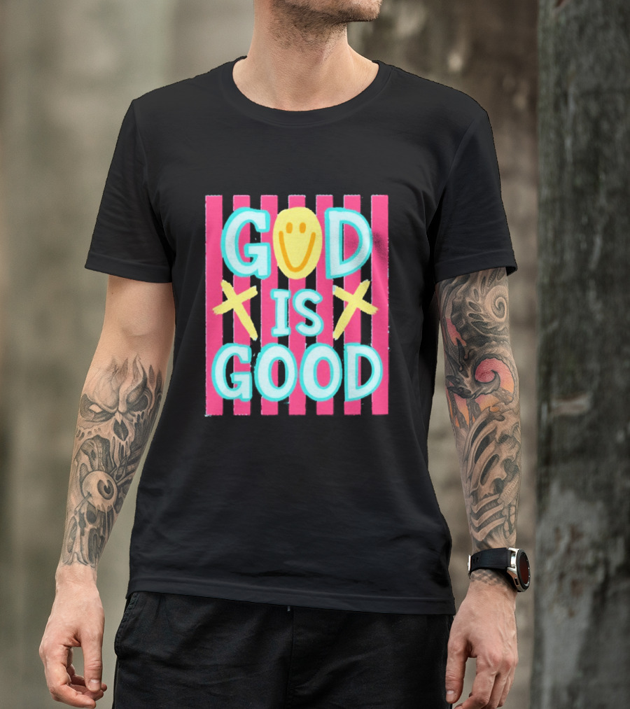 God Is Good Smiley Face Crosses Pink Stripes T-Shirt