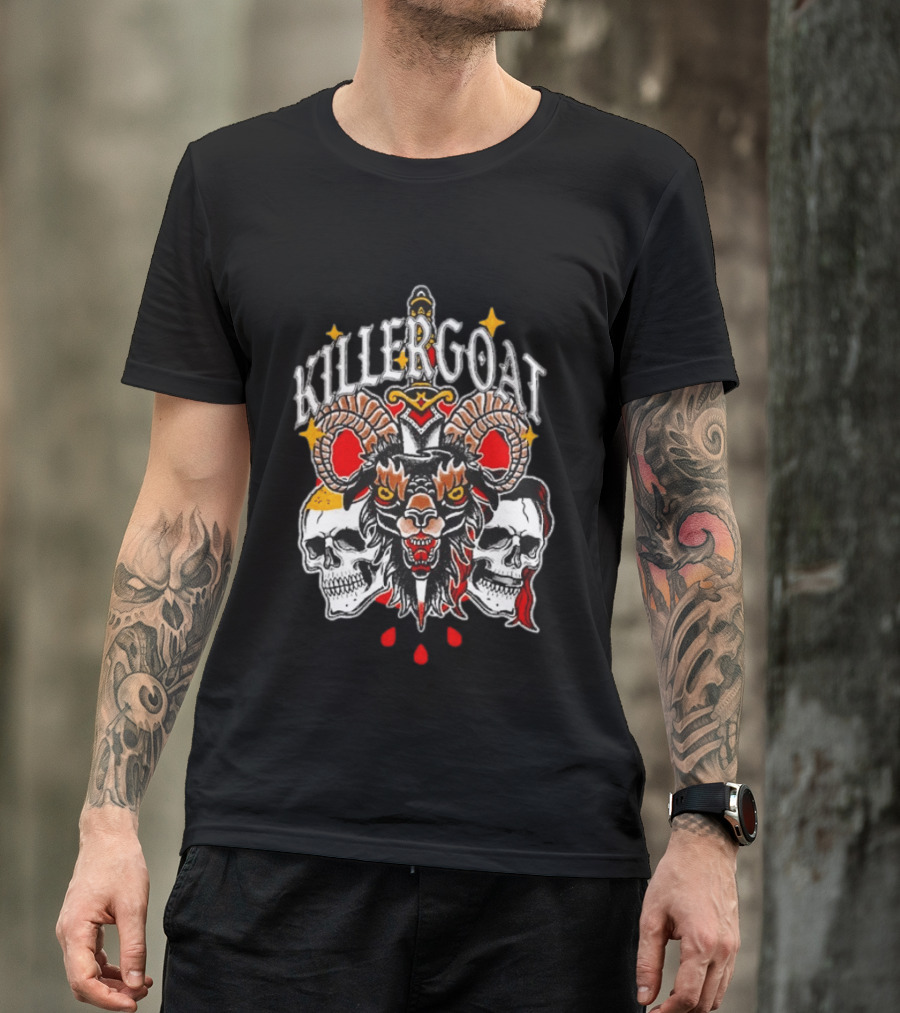 Killer Goat Skull Blood Drops And Horned Beast With Skulls And Sword T-Shirt
