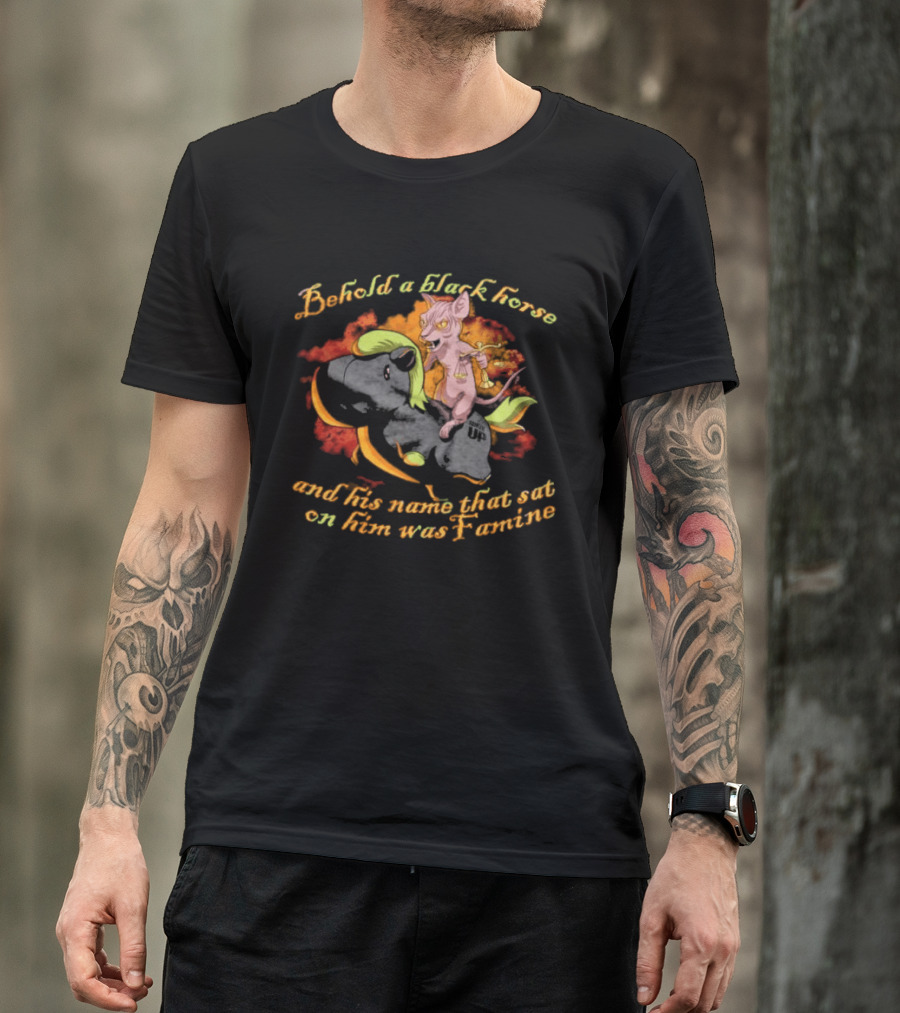 Behold A Black Horse And His Name That Sat On Him Was Famine Text With Cartoon Demon Rider T-Shirt