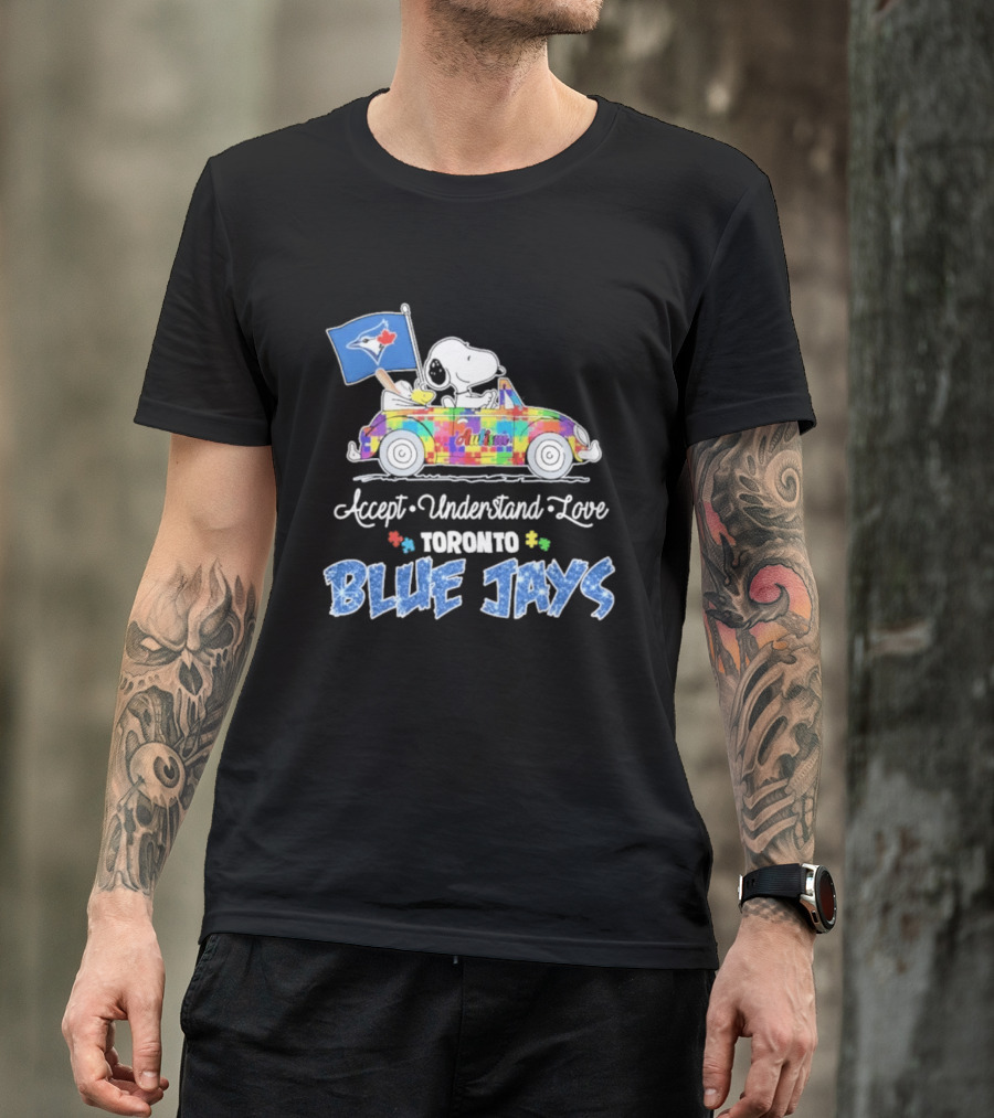Snoopy Woodstock Driving Car Toronto Blue Jays Autism Awareness Accept Understand Love T-Shirt
