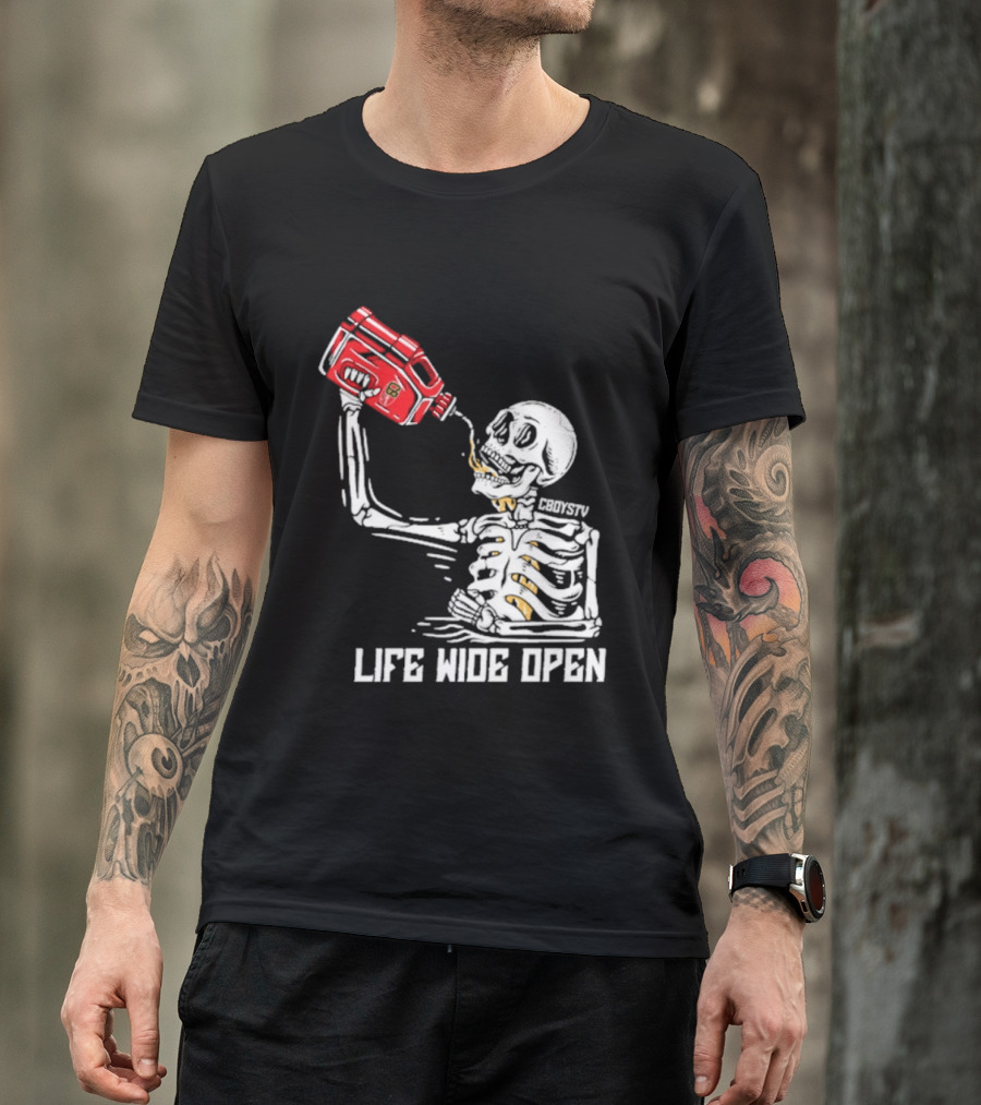Cboystv Life Wide Open Skeleton Drinking Soul Fuel T-Shirt