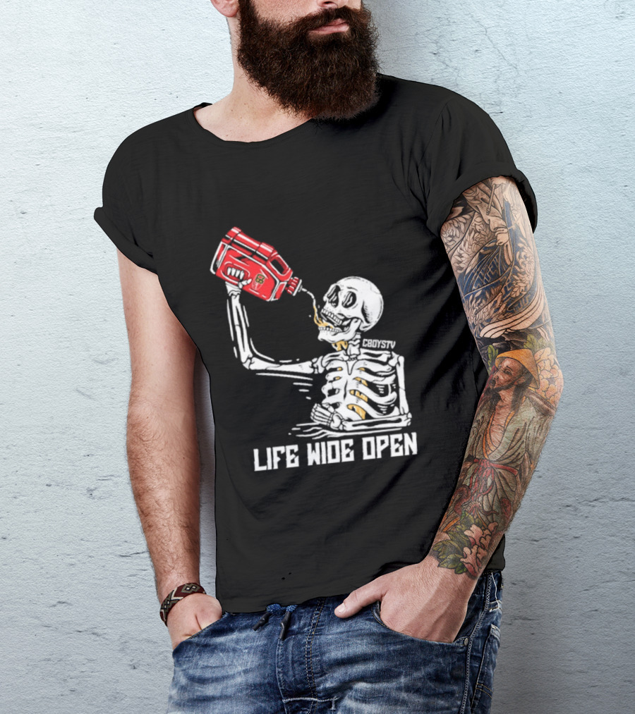 Cboystv Life Wide Open Skeleton Drinking Soul Fuel T-Shirt