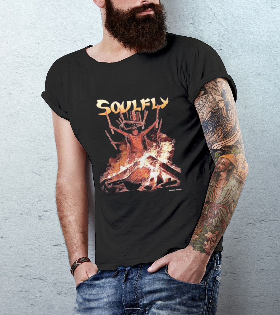 Soulfly Chama Tribal Warrior With Flaming Bonfire T-Shirt