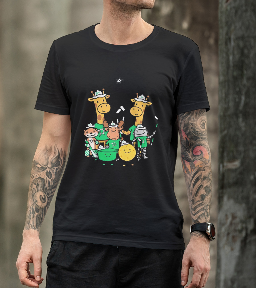 Dallas Stars Cartoon Characters Family Fun With Giraffe Moose Dog Bear And Cat T-Shirt