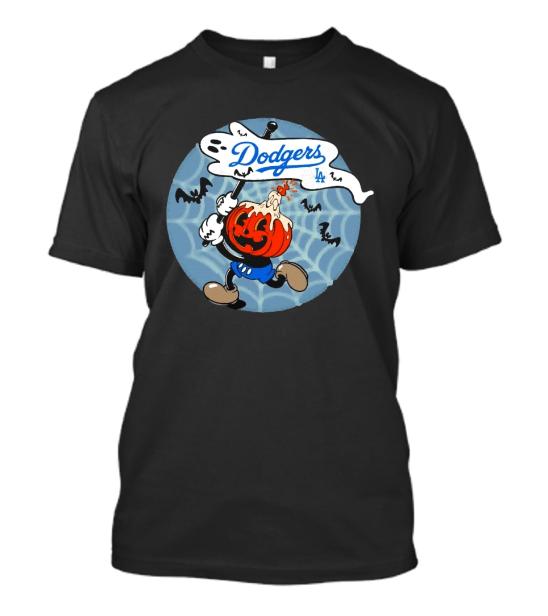 Los Angeles Dodgers Halloween Pumpkin Head Vintage Cartoon With Bats And Webs T-Shirt