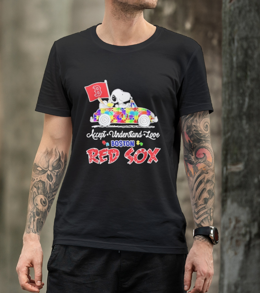 Snoopy Woodstock Boston Red Sox Driving Car Autism Awareness Accept Understand Love 2026 T-Shirt
