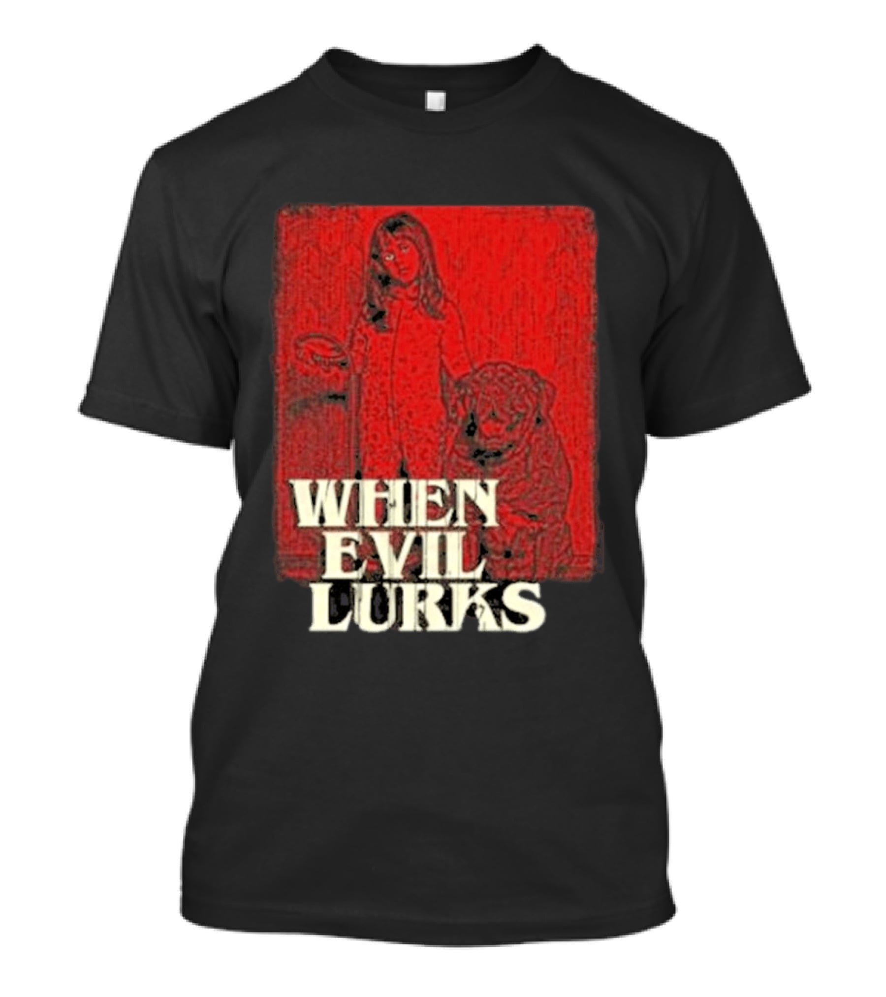 When Evil Lurks Red Background Girl With Bear T-Shirt