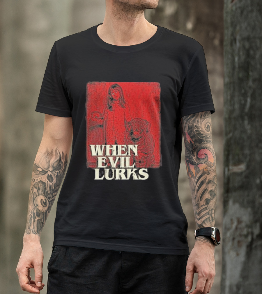 When Evil Lurks Red Background Girl With Bear T-Shirt