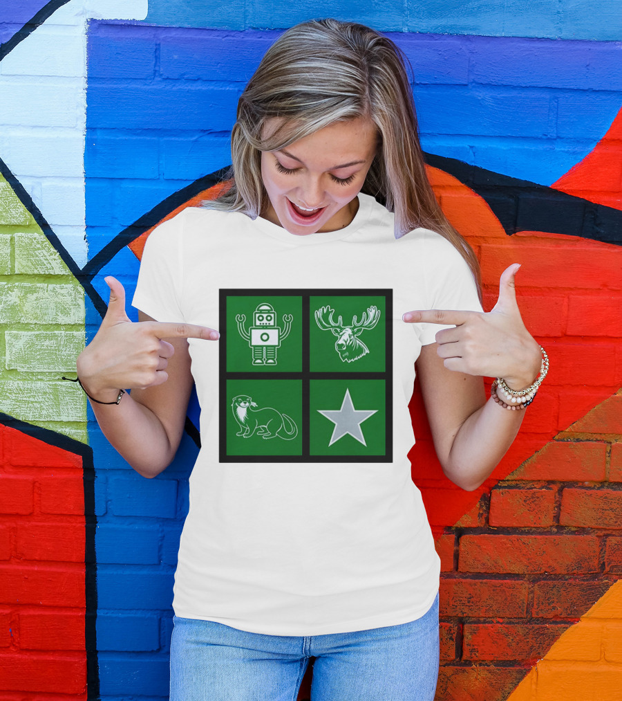 Robot Moose Otter Star Quadrant On Green T-Shirt