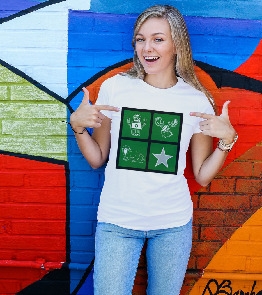 Robot Moose Otter Star Quadrant On Green T-Shirt