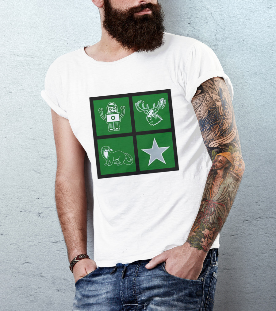 Robot Moose Otter Star Quadrant On Green T-Shirt