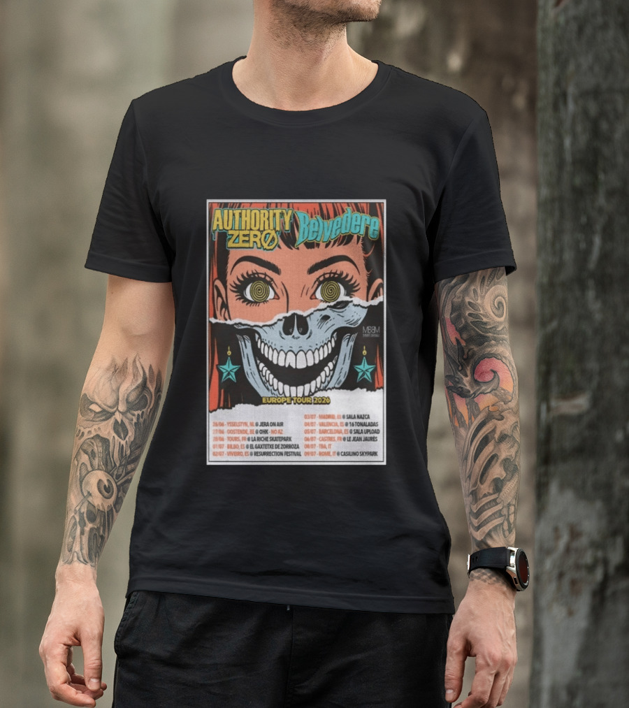 Authority Zero Belvedere Europe Tour 2026 Featuring Futuristic Comic Art Style With Date And Venue List T-Shirt