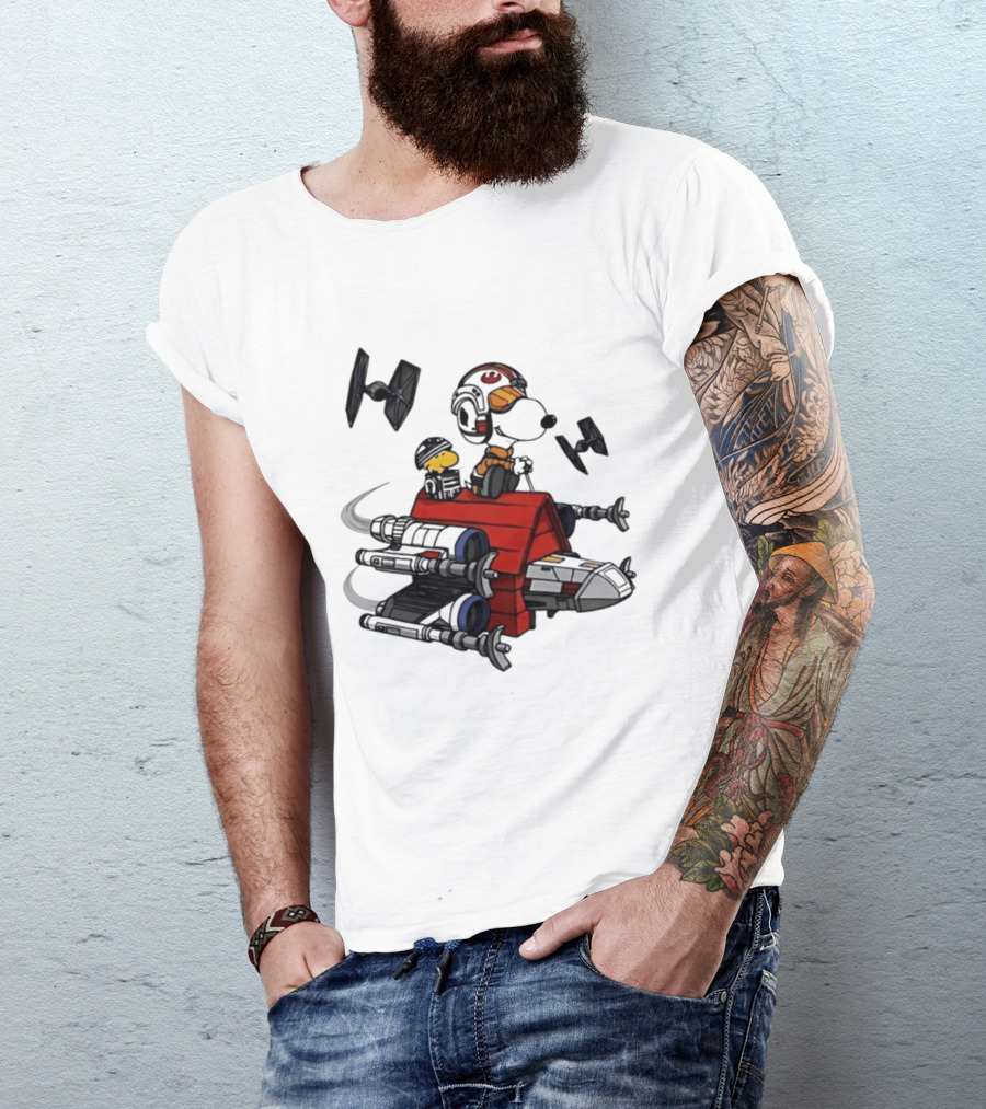 Space Beagle Snoopy Star Wars X Wing Doghouse Woodstock TIE Fighters T-Shirt