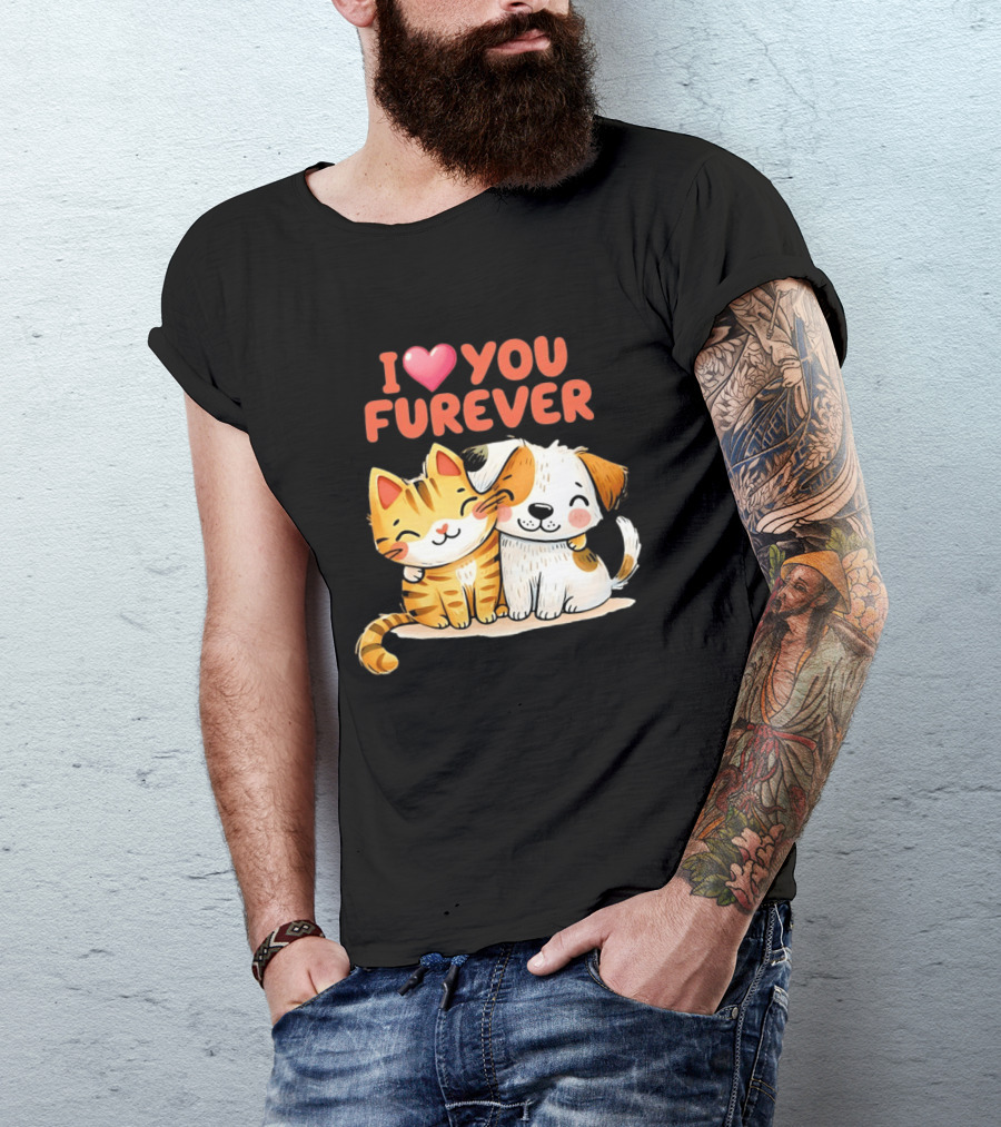 I Love You Furever Cat Hugging Dog T-Shirt
