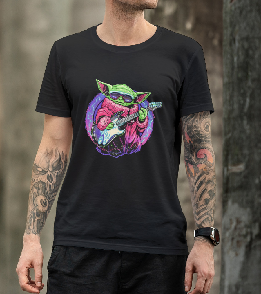 Grogu Electric Galaxy Guitar Blue Neon Lightning T-Shirt