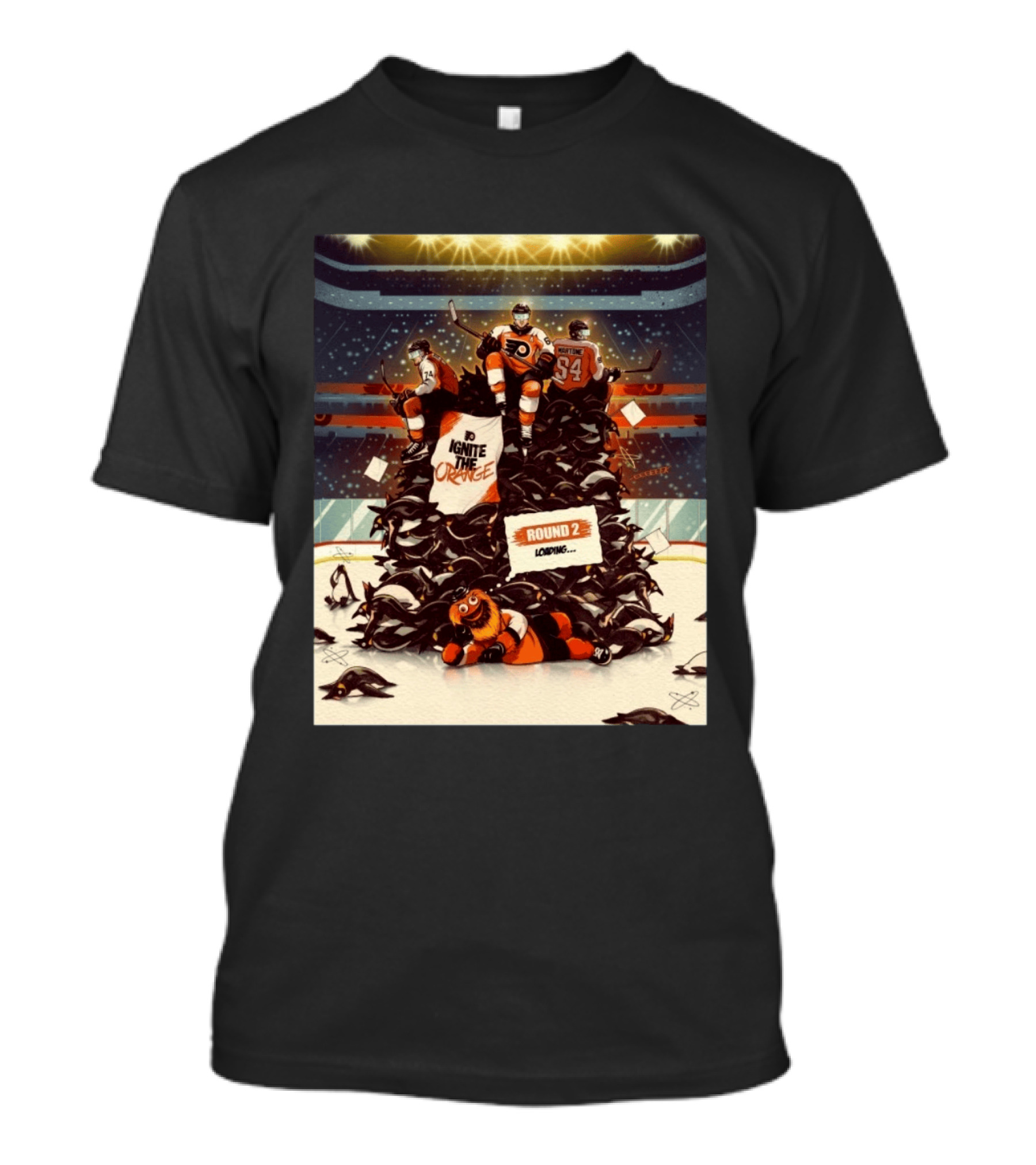 Philadelphia Flyers Ignite The Orange Round 2 Loading Cartoon Hockey Battle T-Shirt
