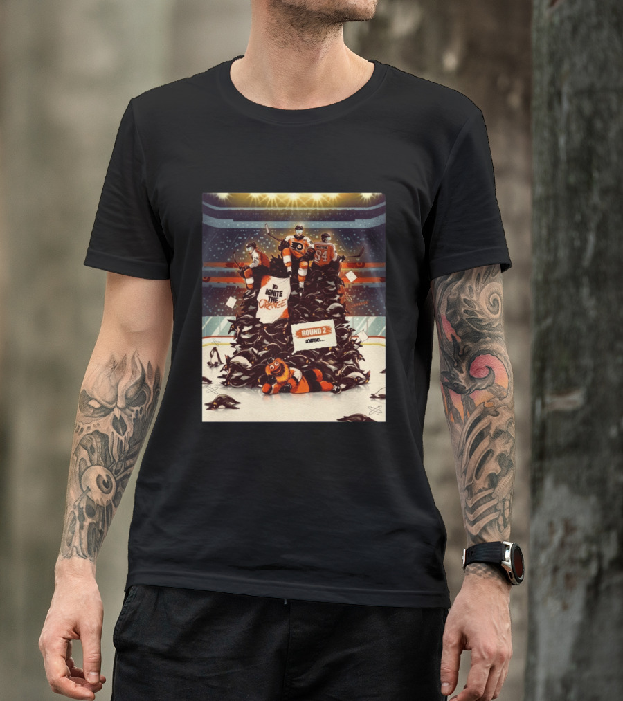 Philadelphia Flyers Ignite The Orange Round 2 Loading Cartoon Hockey Battle T-Shirt