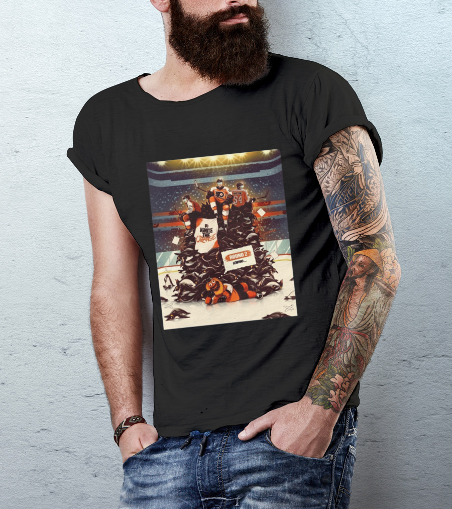 Philadelphia Flyers Ignite The Orange Round 2 Loading Cartoon Hockey Battle T-Shirt