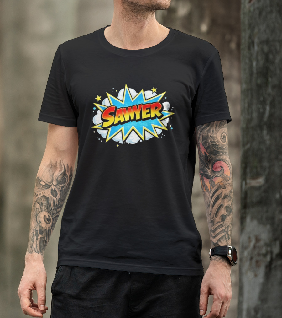 Sawyer Comic Book Style Burst Name With Stars And Clouds T-Shirt