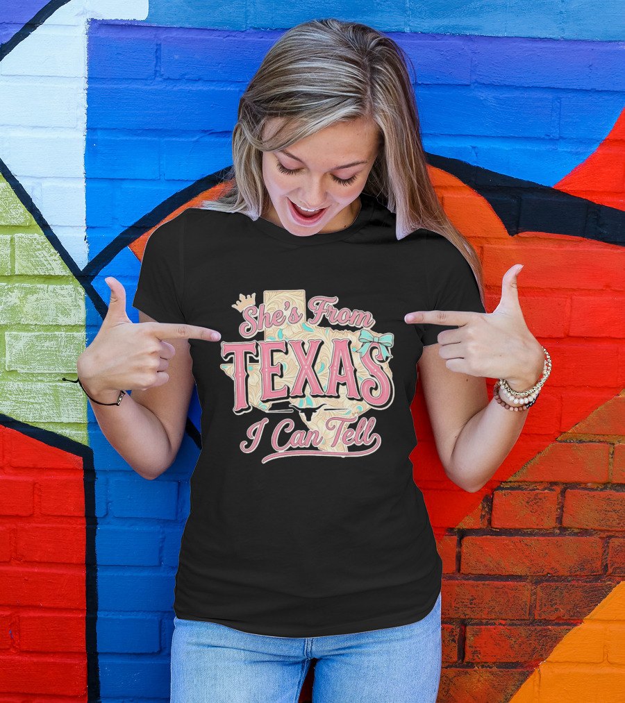 She's From Texas I Can Tell Texas Map Crown Bow T-Shirt