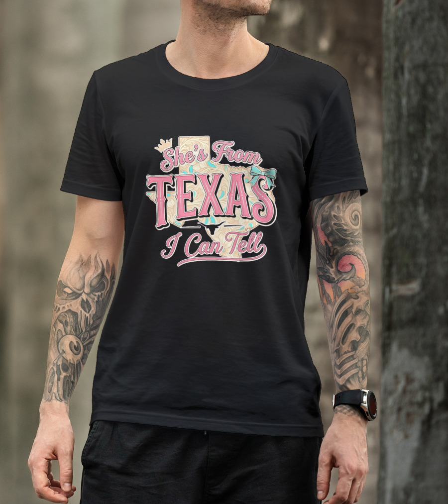She's From Texas I Can Tell Texas Map Crown Bow T-Shirt