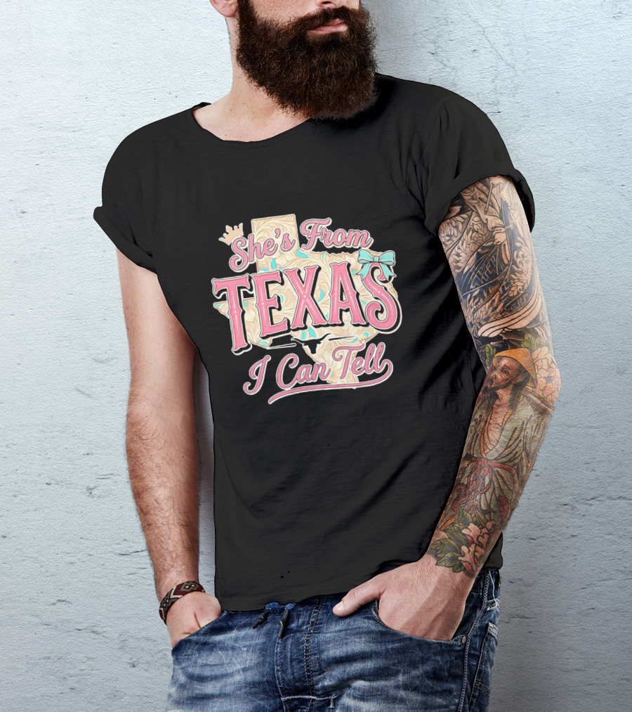 She's From Texas I Can Tell Texas Map Crown Bow T-Shirt