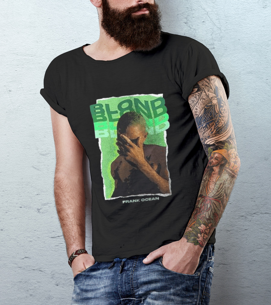 BLOND Frank Ocean Album Cover Art With Green Text And Contemplative Pose T-Shirt