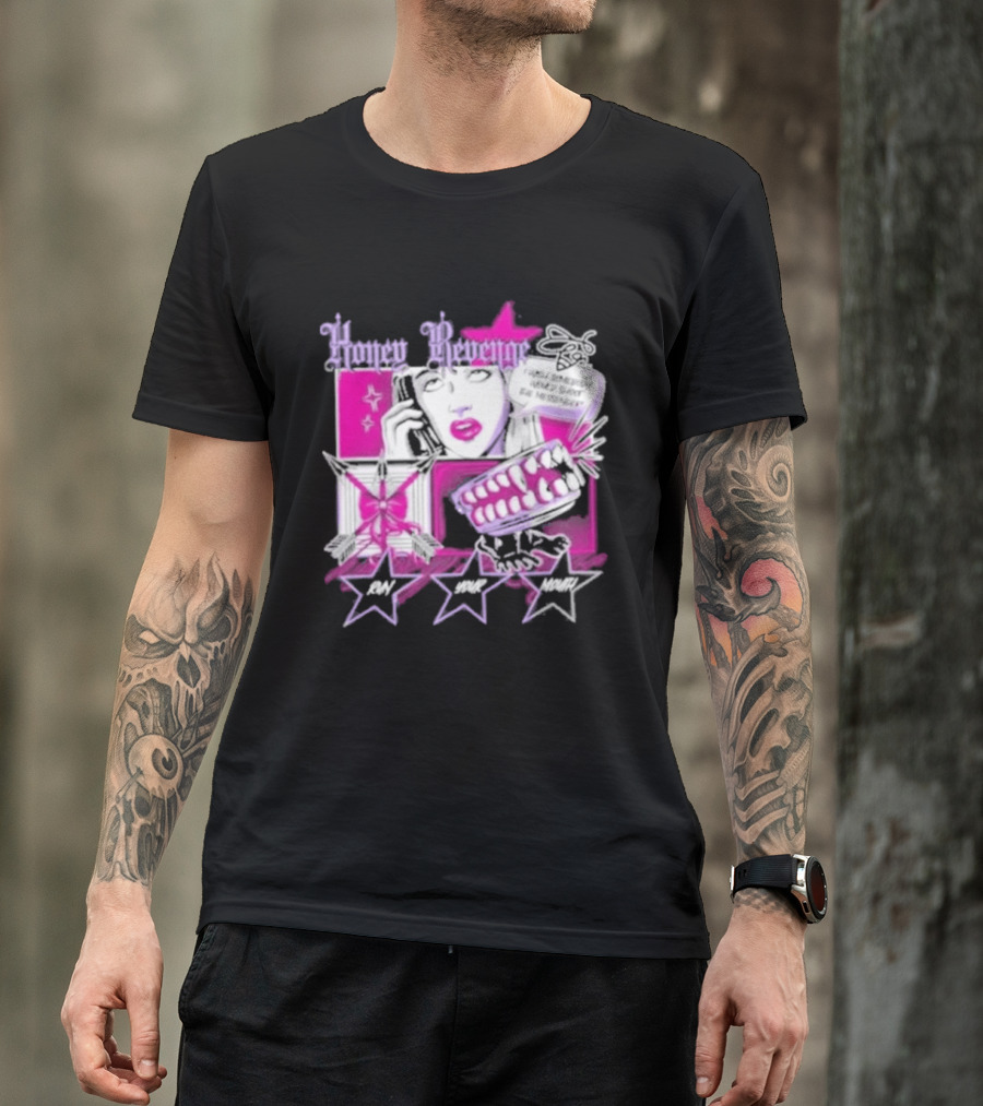 Honey Revenge Comic Style Pink And Black Lips Starburst T-Shirt