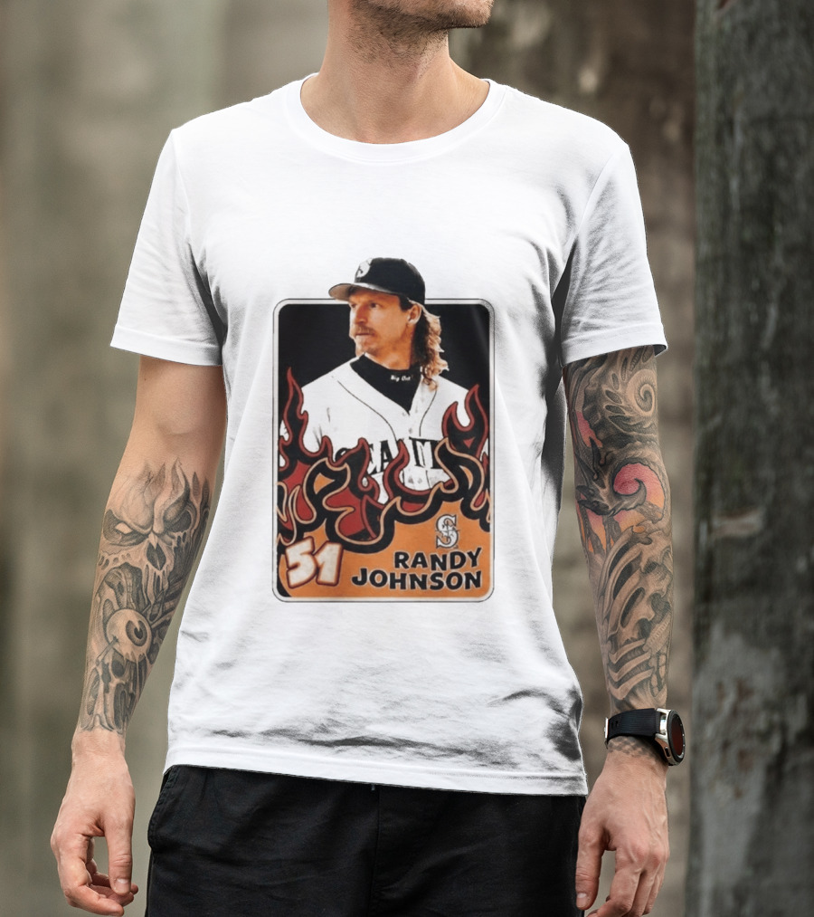 Seattle Mariners Randy Johnson Big Unit 51 MLB Baseball Flames T-Shirt