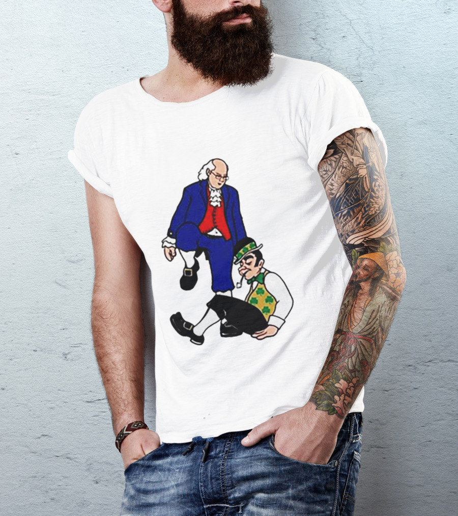 Ben Franklin Stepover Cartoon Colonial Vs Leprechaun T-Shirt