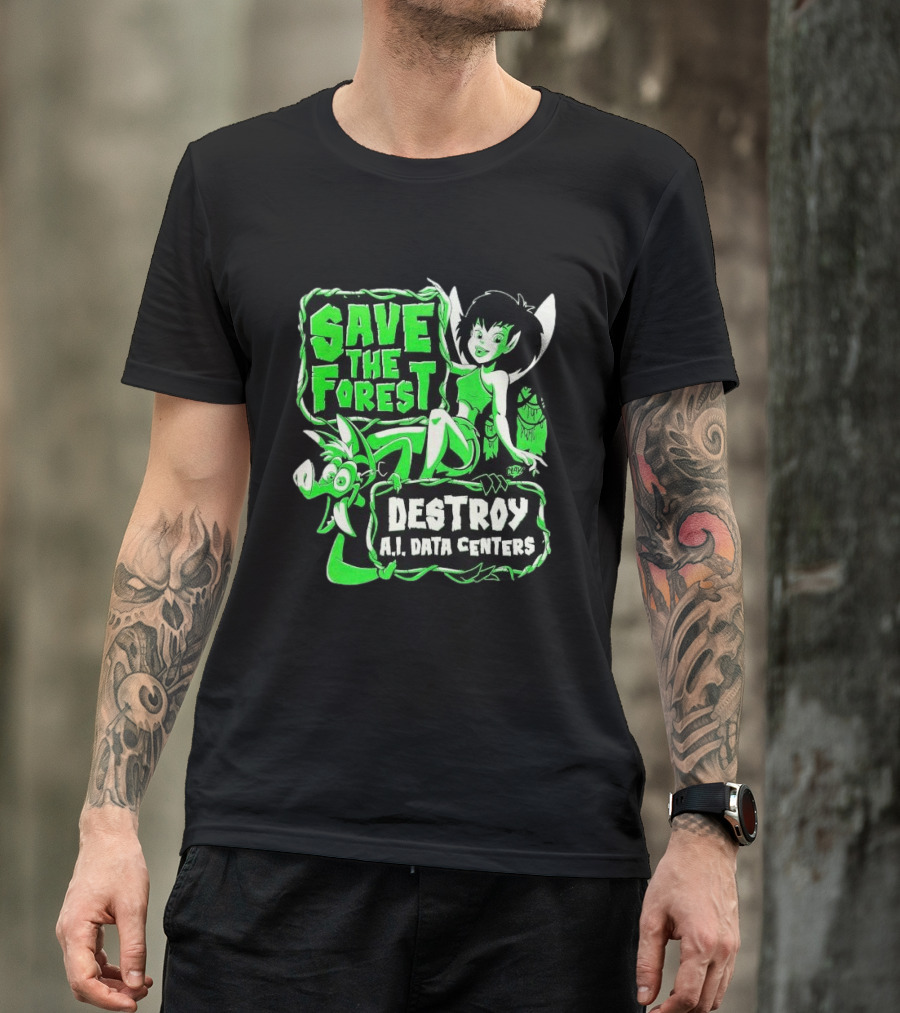 Save The Forest Destroy A.I. Data Centers Cartoon Fairy And Boar T-Shirt